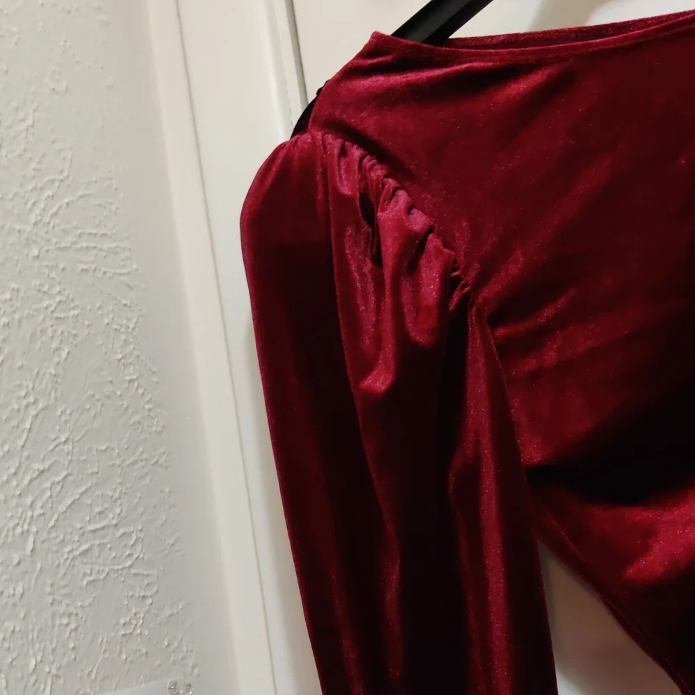 Shinestar Burgundy Velvet One-Shoulder Bodysuit - Picture 5 of 5